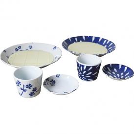 夏の贈り物お中元 江戸小粋麺道楽ペアセット 皿（直径22×4cm）・小皿（直径10.3×2cm）・千代口（直径7.8×6.5cm）・スノコ（直径16.5cm）×各2