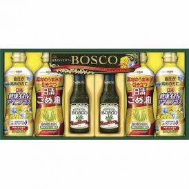 夏の贈り物お中元 ヘルシーオイル＆ボスコギフト 日清オイリオ 健康オイルアマニプラス・こめ油（各350g）・ボスコエキストラバージンオリーブオイル（140g）×各2