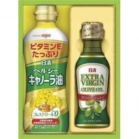 夏の贈り物お中元 オリーブオイル&バラエティオイルギフト 日清オイリオ ヘルシーキャノーラ油（350g）・エキストラバージンオリーブオイル（145g）×各1