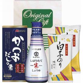 夏の贈り物お中元 調味料セット 白子味のり（8切5枚）×2、マルトモかつおだしの素（4g×6袋）・キッコーマンしぼりたて生しょうゆ（200ml）×各1