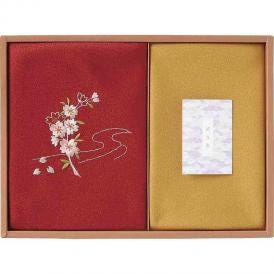 夏の贈り物お中元 刺繍入り二巾風呂敷&金封包み 草花の遊び 赤 風呂敷：71×70cm、金封包み：38×37cm