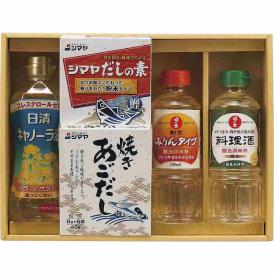 夏の贈り物お中元 NEW和風調味料セット 日の出料理酒・日の出割烹みりんタイプ（各400ml）・日清キャノーラ油（350g）・シマヤだしの素粉末（10ｇ×6袋）・シマヤ焼きあごだし（8g×6袋）×各1