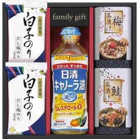 夏の贈り物お中元 日清オイリオ&白子のり食卓詰合せ 白子だし塩のり（8切5枚）×2、日清キャノーラ油（400g）・鮭茶漬け（4.7g×2袋）・梅茶漬け（4.3g×2袋）×各1