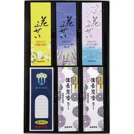 春の贈り物 御供1500 カメヤマ 花げしき備長炭×2、花ふぜい（黄 白檀・ラベンダー 煙少香・桜 煙少香）（各約30g）・小ローソク豆ダルマ（30本）×各1