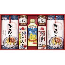 夏の贈り物お中元 バラエティギフト マルトモ 北海道産ぶりほぐし（50g）・直火焼ソフトパック（2.5g×7袋）×各2、昆布かつおつゆ・白だし（各500ml）・日清キャノーラ油（350g）×各1