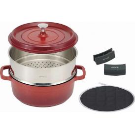 夏の贈り物お中元 ジョイア キャセロール24cm&蒸し器4点セット レッド シリコンハンドルカバー×2、キャセロール24cm（4.3L）・蒸し器・鍋敷き×各1★樹脂製ツマミ付