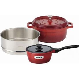 夏の贈り物お中元 ジョイア ソースパン&蒸し器セット レッド キャセロール24cm（4.3L）・蒸し器・ソースパン18cm（1.8L）×各1★樹脂製ツマミ（キャセロール専用）付