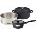 夏の贈り物お中元 ジョイア ソースパン&蒸し器セット ブラック キャセロール24cm（4.3L）・蒸し器・ソースパン18cm（1.8L）×各1★樹脂製ツマミ（キャセロール専用）付