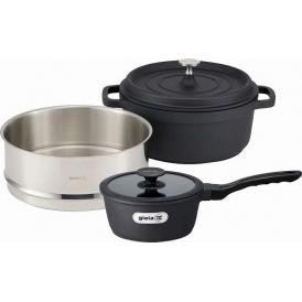 夏の贈り物お中元 ジョイア ソースパン&蒸し器セット ブラック キャセロール24cm（4.3L）・蒸し器・ソースパン18cm（1.8L）×各1★樹脂製ツマミ（キャセロール専用）付