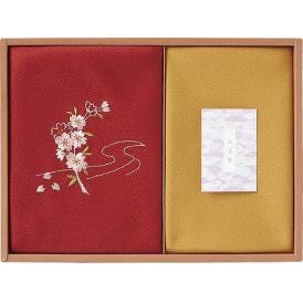 夏の贈り物お中元 刺繍入り二巾風呂敷&金封包み 草花の遊び 赤 風呂敷：71×70cm、金封包み：38×37cm