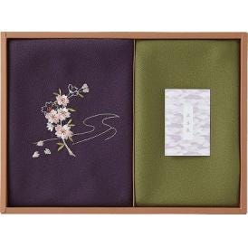 夏の贈り物お中元 刺繍入り二巾風呂敷&金封包み 草花の遊び 紫 風呂敷：71×70cm、金封包み：38×37cm