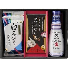 夏の贈り物お中元 和の調味料詰合せ 白子のりだし塩のり（8切5枚）×2、キッコーマンしぼりたて生しょうゆ（200ml）・かつおだし（4g×8袋）×各1