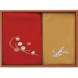 夏の贈り物お中元 刺繍入り二巾風呂敷&金封包み 洛北 赤/金茶 風呂敷：71×70cm、金封包み：38×37cm