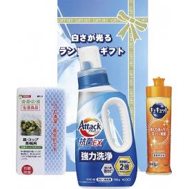 夏の贈り物お中元 白さが光るランドリーギフト アタック抗菌EX（750g）・キュキュットオレンジ（220ml）・食器用スポンジ（中国）×各1