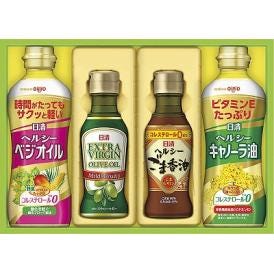 夏の贈り物お中元 オリーブオイル＆バラエティオイルギフト 日清オイリオ ヘルシーキャノーラ油・ヘルシーベジオイル（各350g）・エキストラバージンオリーブオイル・ヘルシーごま香油（各145g）×各1