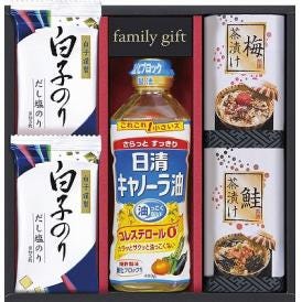 夏の贈り物お中元 日清オイリオ&白子のり食卓詰合せ 白子だし塩のり（8切5枚）×2、日清キャノーラ油（400g）・鮭茶漬け（4.7g×2袋）・梅茶漬け（4.3g×2袋）×各1