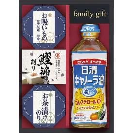 夏の贈り物お中元 日清キャノーラバラエティギフト 日清キャノーラ油（400g）・永谷園お茶漬けのり（4.7g×2袋）・永谷園お吸いもの松茸風味（2.3g×2袋）・鰹節削り（1.5g×2袋）×各1