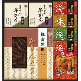 春の贈り物 かりんとう・あられ・羊かん詰合せ あられ（海老）（12g）×2、羊かん（抹茶・練り）（各60g）・蜂蜜黒糖かりんとう（40g）・あられ（海苔・味噌）（各12g）×各1