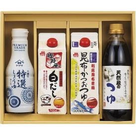 夏の贈り物お中元 上品な旨味調味料詰合せ 伊賀越天然蔵のつゆ・マルトモ鰹節屋の白だし・マルトモ昆布かつおつゆ（各500ml）・ヤマサ卓上特選しょうゆ（360ml）×各1