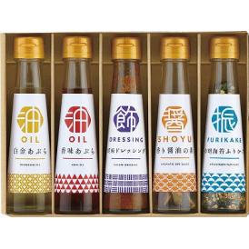 夏の贈り物お中元 調味料詰合せ オクルヤ 胡麻ドレッシング（100ml）・白金あぶら・香味あぶら（各90g）・有明のりふりかけ（30g）・香り醤油の素（4.5g）×各1