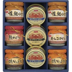 夏の贈り物お中元 缶詰・びん詰ギフトセット ニッスイ 紅ずわいがにほぐし身（55g）・焼鮭ほぐし・鶏そぼろ（各50g）×各2、紅ずわいがにほぐし脚肉かざり・たらこほぐし・鮭めんたい（各50g）×各1