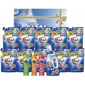 春の贈り物 白さが光るランドリーギフト アタック抗菌EX詰替用（590g）×10、アタック抗菌EX（750g）・キュキュット（オレンジ・ピンクグレープフルーツ・マスカット）（各220ml）×各1