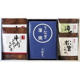 夏の贈り物お中元 三河一色産うなぎの蒲焼・柿安・お吸物セット 柿安 牛肉ごぼうしぐれ煮（50g）×2、三水亭 三河一色産うなぎの蒲焼（半身）・浜乙女 海苔お吸物（3.6g×2p）・浜乙女 松茸お吸物（