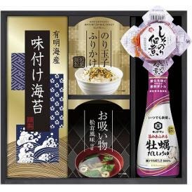 夏の贈り物お中元 キッコーマン&和風詰合せ キッコーマン牡蠣だししょうゆ（200ml）・島の香しそのり佃煮（80g）・のり玉子ふりかけ（4.5g×2袋）・永谷園お吸いもの松茸風味（2.3g×4袋）・有
