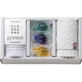夏の贈り物お中元 バスエッセンスセット CLA SHU SHU バスエッセンス（ウッド・ラベンダー・グレープフルーツ）（各8g）・今治ウォッシュタオル（28×30cm）・マイクロファイバークロス（中国