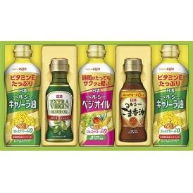 夏の贈り物お中元 オリーブオイル＆バラエティオイルギフト 日清オイリオ ヘルシーキャノーラ油（350g）×2、ヘルシーベジオイル（350g）・エキストラバージンオリーブオイル・ヘルシーごま香油（各14