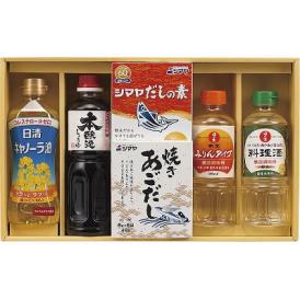 夏の贈り物お中元 和風調味料セット サンビシ本醸造しょうゆ（500ml）・日の出料理酒・日の出割烹みりんタイプ（各400ml）・日清キャノーラ油（350g）・シマヤだしの素粉末（10g×6袋）・シマヤ