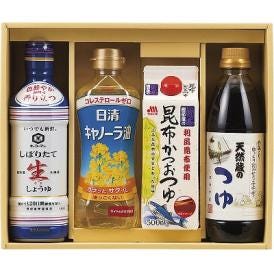夏の贈り物お中元 プレミアム調味料バラエティセット 伊賀越天然蔵のつゆ・マルトモ昆布かつおつゆ（各500ml）・キッコーマンいつでも新鮮しぼりたて生しょうゆ（450ml）・日清キャノーラ油（350g）