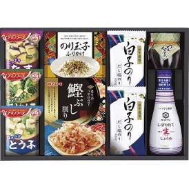 夏の贈り物お中元 キッコーマン&アマノフーズ食卓詰合せ 白子だし塩のり（8切5枚）×2、キッコーマンしぼりたて生しょうゆ（200ml）・島の香のり佃煮（80g）・のり玉子ふりかけ（4.5g×2袋）・鰹