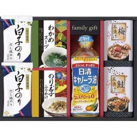 夏の贈り物お中元 日清オイリオ＆白子のり食卓詰合せ 白子だし塩のり（8切5枚）×2、日清キャノーラ油（400g）・わかめスープ（5.3ｇ×2袋）・鮭茶漬け（4.7g×2袋）・のり玉子ふりかけ（4.5g