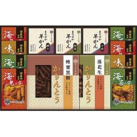 夏の贈り物お中元 かりんとう・あられ・羊かん詰合せ あられ（海老・海苔）（各12g）×各3、あられ（味噌）（12g）×2、羊かん（抹茶・練り・小倉）（各60g）・かりんとう（蜂蜜黒糖・落花生）（各40