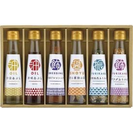 夏の贈り物お中元 調味料詰合せ オクルヤ 胡麻ドレッシング（100ml）・白金あぶら・香味あぶら（各90g）・アーモンド入サラダふりかけ（45g）・有明のりふりかけ（30g）・香り醤油の素（4.5g）