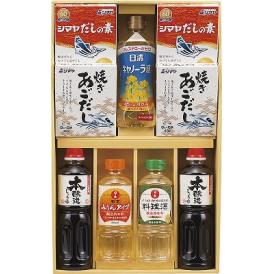 春の贈り物 和風調味料セット サンビシ本醸造しょうゆ（500ml）・シマヤだしの素粉末（10ｇ×6袋）・シマヤ焼きあごだし（8g×6袋）×各2、日清キャノーラ油（350g）・日の出料理酒・日の出
