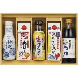 春の贈り物 上品な旨味調味料詰合せ 伊賀越天然蔵のつゆ・マルトモ鰹節屋の白だし・マルトモ昆布かつおつゆ（各500ml）・ヤマサ卓上特選しょうゆ・キッコーマンしぼりたて生ぽんず（各360ml）×各