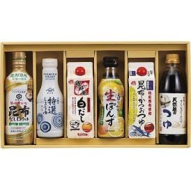 夏の贈り物お中元 上品な旨味調味料詰合せ 伊賀越天然蔵のつゆ・マルトモ鰹節屋の白だし・マルトモ昆布かつおつゆ（各500ml）・キッコーマンいつでも新鮮旨み豊かな昆布だししょうゆ（450ml）・ヤマサ卓