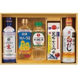 夏の贈り物お中元 プレミアム調味料バラエティセット マルトモ昆布かつおつゆ（500ml）・キッコーマンいつでも新鮮（しぼりたて生しょうゆ・料理人直伝極み白だし）（各450ml）・日の出料理酒（400m