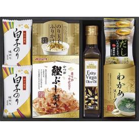 夏の贈り物お中元 オリーブオイル詰合せ 白子味のり（8切5枚）・たまごスープ（5.4g）×各2、オリーブオイル（229g）・わかめスープ（5.3g×2袋）・のり玉子ふりかけ（4.5g×2袋）・鰹ぶし削