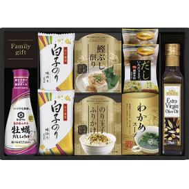 夏の贈り物お中元 キッコーマンしょうゆ＆オリーブオイル詰合せ 白子味のり（8切5枚）・たまごスープ（5.4g）×各2、オリーブオイル（229g）・キッコーマン牡蠣だししょうゆ（200ml）・わかめスー