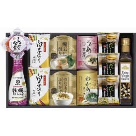 夏の贈り物お中元 キッコーマンしょうゆ&オリーブオイル詰合せ たまごスープ（5.4g）×3、白子味のり（8切5枚）×2、オリーブオイル（229g）・キッコーマン牡蠣だししょうゆ（200ml）・島の香し