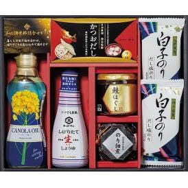 春の贈り物 和の調味料詰合せ 白子のりだし塩のり（8切5枚）×2、昭和キャノーラ油（300g）・キッコーマンしぼりたて生しょうゆ（200ml）・のり佃煮（80g）・鮭ほぐし（50g）・かつおだし