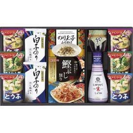 夏の贈り物お中元 キッコーマン&アマノフーズ食卓詰合せ アマノおみそ汁（なす・ほうれん草・とうふ）・白子だし塩のり（8切5枚）×各2、キッコーマンしぼりたて生しょうゆ（200ml）・島の香のり佃煮（8