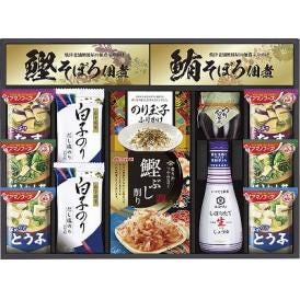 夏の贈り物お中元 キッコーマン＆アマノフーズ食卓詰合せ アマノおみそ汁（なす・ほうれん草・とうふ）・白子だし塩のり（8切5枚）×各2、キッコーマンしぼりたて生しょうゆ（200ml）・島の香のり佃煮（8