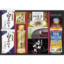 夏の贈り物お中元 日清オイリオ&白子のり食卓詰合せ 白子だし塩のり（8切5枚）×2、日清キャノーラ油（400g）・伊賀越天然醸造しょうゆ（200ml）・のり玉子ふりかけ（4.5g×2袋）・マルトモかつ