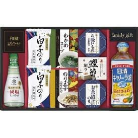 夏の贈り物お中元 日清キャノーラバラエティギフト 白子だし塩のり（8切5枚）×2、日清キャノーラ油（400g）・キッコーマン減塩しょうゆ（200ml）・わかめスープ（5.3g×2袋）・永谷園お茶漬けの