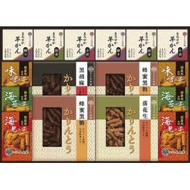 春の贈り物 かりんとう・あられ・羊かん詰合せ 羊かん（抹茶・練り・小倉）（各60g）・蜂蜜黒糖かりんとう（40g）・あられ（海老・海苔・味噌）（各12g）×各2、かりんとう（黒胡麻・落花生）（各