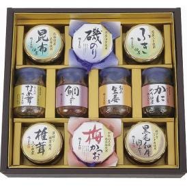夏の贈り物お中元 ご飯のお供瓶詰セット 磯じまん 鯛みそ（100g）・磯のり・梅かつお・黒毛和牛肉みそ・刻み生姜煮・かにのり佃煮（各90g）・椎茸ふくめ煮・柚子風味なめ茸（各85g）・昆布佃煮（70g
